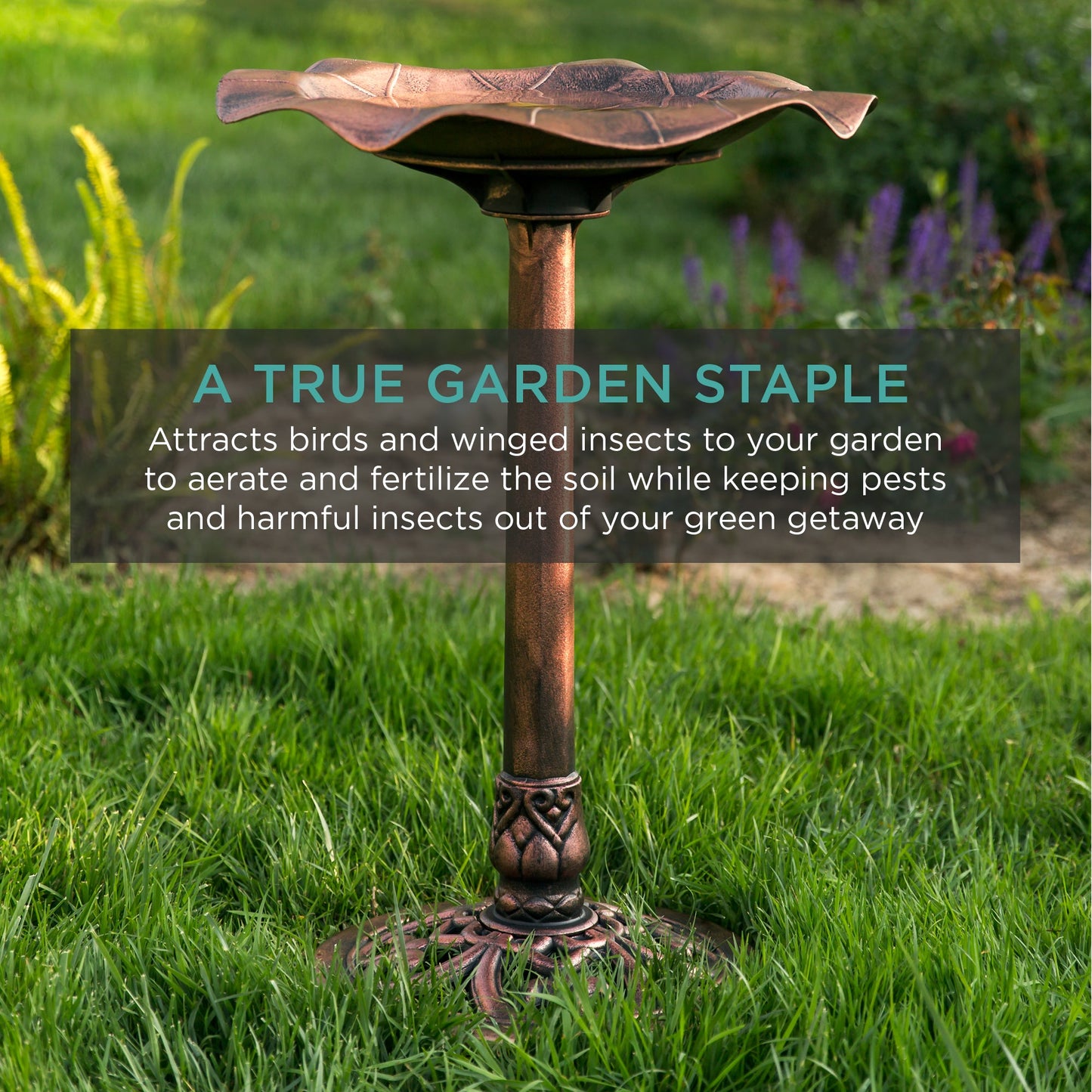 Lily Leaf Pedestal Bird Bath Decoration Accent w/ Floral Accents