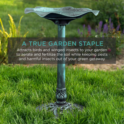 Lily Leaf Pedestal Bird Bath Decoration Accent w/ Floral Accents