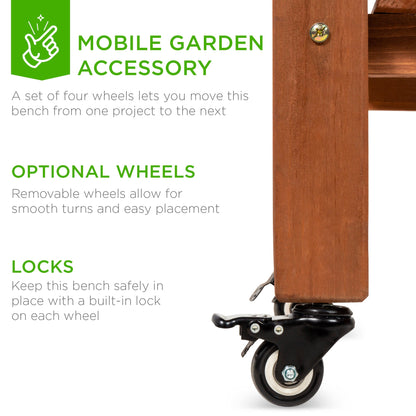 Wood Garden Potting Bench w/ Sliding Tabletop, Food Grade Dry Sink, Wheels