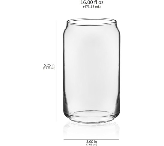 Classic Can Tumbler Glasses Set of 4, Clear Kitchen Glassware Sets for Beverages and Cocktails, Lead-Free, Cute Drinking Glasses, 16-Ounce