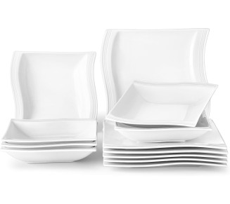 Plates and Bowls Sets,12-Piece Ivory White Square Plate Set for 6, Porcelain Dish Set with Dinner Plates and Soup Plates, Kitchen Dinnerware Sets Microwave Safe, Series Flora