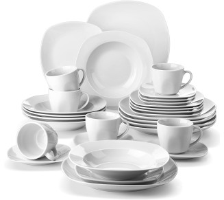 30-Piece Porcelain Dinnerware Set - Gray White Modern Dish Set for 6, Square Dishes Serving Plates Dishes Set, Plates and Bowls Sets, with Cups and Saucers - Series ELISA