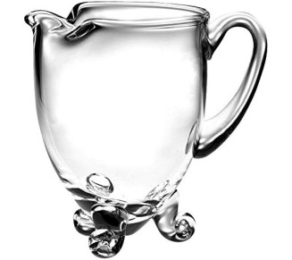 Glass Pitcher with handle, Round, Footed With Spout, Handmade by Ice Lip, 40 oz., 7."H, Made in Europe Clear