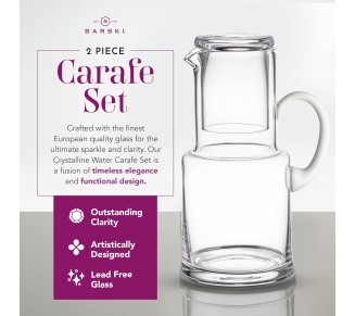 European Quality - Glass - 2 Pc Water set - Large 30 oz. Bedside Water Set - Desktop Water carafe - - with 7 oz. Tumbler Glass - with Opal (white) Handle - Made in Europe