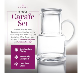 European Quality - Glass - 2 Pc Water set - 22 oz. Bedside Water Set - Desktop Water carafe - - with 6 oz. Tumbler Glass - with Opal (white) Handle - Made in Europe