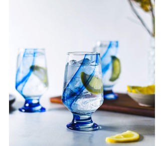 Blue Ribbon Goblet Glasses, Unique Blue Water Goblets Set of 8, Thick Stemmed Water Glasses for Sodas & Cocktails