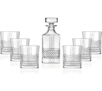 Whiskey Decanter and Glass 7 pc Set - For Whiskey, Liquor, Scotch, Bourbon - Glass Crystal - 29 oz. Square Decanter with 6-12 oz. Double Old Fashioned Tumblers- By Made in Europe
