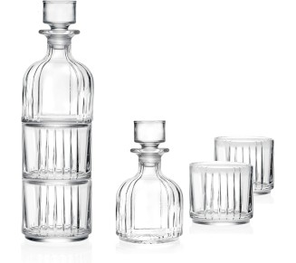 Glass 3 Pc Set, Crystal Glass Whiskey Decanter with 2 Tumblers, Stackable, Double Old Fashioned Tumblers, DOF, Decanter is 12 Oz, Each D.O.F. Tumbler is 12 Oz, by , Made in Europe