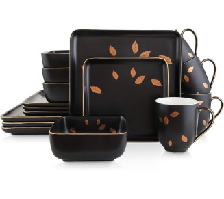 Porcelain 16 Piece Square Dinnerware Set, Black With Gold Leaves