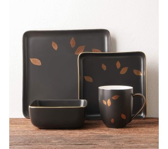 Porcelain 16 Piece Square Dinnerware Set, Black With Gold Leaves