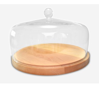 Wood Cake Tray - with Glass Dome - Cover - Round - Server for Cheese - Pastries - Doughnuts - 11.625" Diameter - 6.75" Height (Inside Sizes are 11" Diameter, 4" Height) - by - Made in Europe