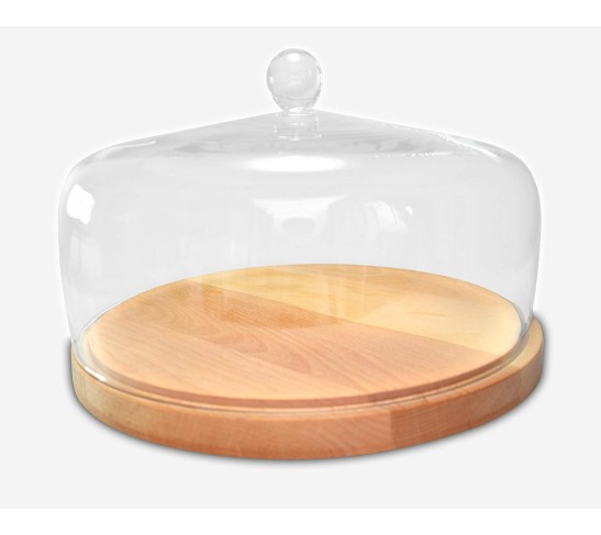 Wood Cake Tray - with Glass Dome - Cover - Round - Server for Cheese - Pastries - Doughnuts - 11.625" Diameter - 6.75" Height (Inside Sizes are 11" Diameter, 4" Height) - by - Made in Europe