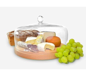 Wood Cake Tray - with Glass Dome - Cover - Round - Server for Cheese - Pastries - Doughnuts - 11.625" Diameter - 6.75" Height (Inside Sizes are 11" Diameter, 4" Height) - by - Made in Europe