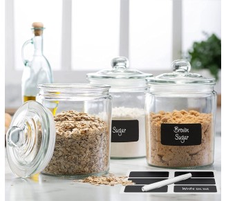 3pc Canister Sets for Kitchen Counter + Labels & Marker - Glass Cookie Jars with Airtight Lids - Food Storage Containers with Lids Airtight for Pantry - Flour, Sugar, Coffee, Cookies, etc.