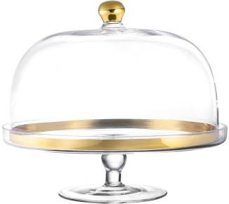 Glass - Cake Stand - and - Dome - with - Gold Rim - and - Gold Knob - for - Cake - Fruit - Cheese - 11.75" Diameter - Made in Europe - by 
