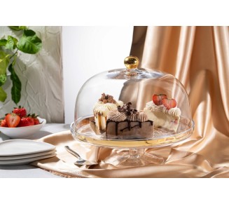 Glass - Cake Stand - and - Dome - with - Gold Rim - and - Gold Knob - for - Cake - Fruit - Cheese - 11.75" Diameter - Made in Europe - by 