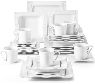 Ivory White Dinnerware Sets 30 Piece, Square Plates and Bowls Sets for 6, Porcelain Dinnerware Set with Dinner Plate, Dessert Plate, Soup Bowl, Cup and Saucer, Ceramic Dish Set, Series Mario