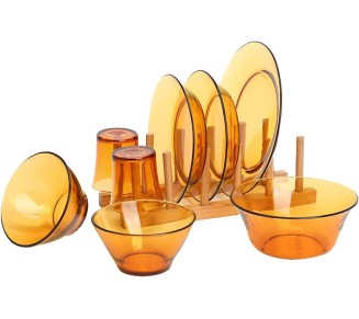 Fashion Transparent Dishes Set,8 Pieces Dinnerware Set,Service for 2 People,High Temperature Resistance Non-toxic,Mugs,Plates and Bowls,Easy to Clean,Amber,Brown (Color : Amber)