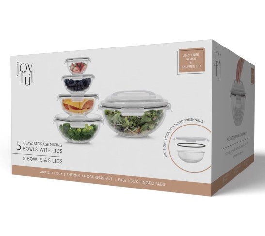 Kitchen Mixing Bowls. 5pc Glass Bowls with Lids Set – Neat Nesting Bowls. Large Mixing Bowl Set incl Batter Bowl, Cooking Bowls, Storage Bowls with Lids and Big Salad Bowl with BPA-Free Lids
