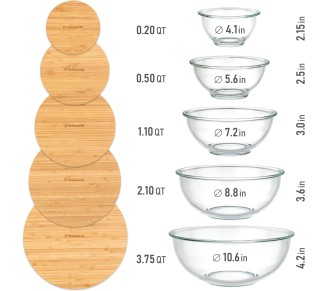 Glass Mixing Bowls - Nesting Bowls - Cute Collapsible Glass Bowls with Lids Food Storage - 5 Stackable Microwave Safe Glass Containers - Salad Bamboo Mixing Bowls - Baking Bowls for Kitchen