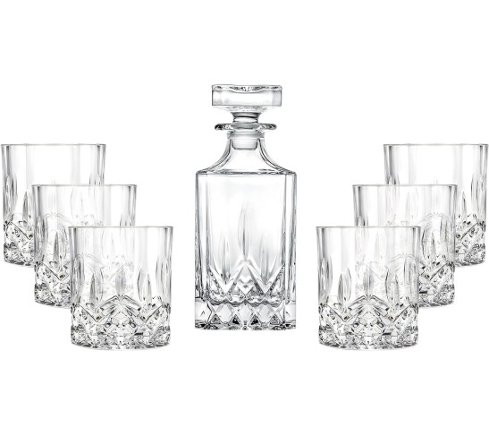 Whiskey Decanter and Tumbler 7 pc Set - Glass - For Whiskey, Liquor, Scotch, Bourbon - 25 oz. Square Decanter with 6-10 oz. Double Old Fashioned Tumblers- By Made in Europe