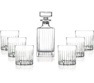 Whiskey Decanter and Tumbler 7 pc Set - Glass - For Whiskey, Liquor, Scotch, Bourbon - 25 oz. Square Decanter with 6-10.5 oz. Double Old Fashioned Tumblers- By Made in Europe