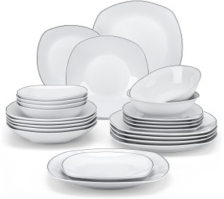 Dinnerware Sets, 24-Piece Porcelain Square Dishes - White with Black Rim, Modern Dish Set for 6 - Plates and Bowls Sets, Ideal for Dessert, Salad, Soup and Pasta - Series ELISA