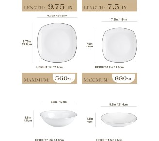 Dinnerware Sets, 24-Piece Porcelain Square Dishes - White with Black Rim, Modern Dish Set for 6 - Plates and Bowls Sets, Ideal for Dessert, Salad, Soup and Pasta - Series ELISA