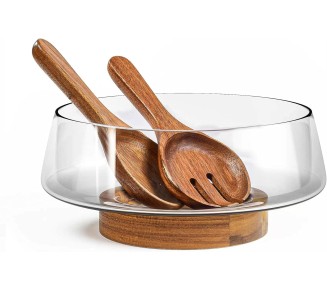 Extra Large Glass Salad Bowl Set - Salad Bowls for Party with Acacia Wood Base and Salad Serving Utensils - Elegant and Practical Kitchen Must-Have