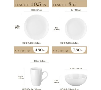 16-Piece Gourmet Porcelain Dinnerware Sets, Modern White Round Dish Set for 4 - Premium Serving Plates and Bowls Sets for Dessert, Salad, Soup, Pasta - Series AMELIA
