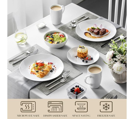 16-Piece Gourmet Porcelain Dinnerware Sets, Modern White Round Dish Set for 4 - Premium Serving Plates and Bowls Sets for Dessert, Salad, Soup, Pasta - Series AMELIA