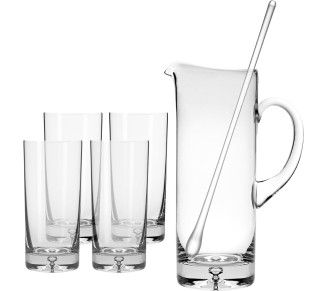 Glass - Pitcher with handle - Spout - Straight Sided - Ice Lip - Bubble design on base - with Set of 4 Drinking Hiball Glasses - and Glass Stirrer - 40 oz. - 10" H - by Made in Europe