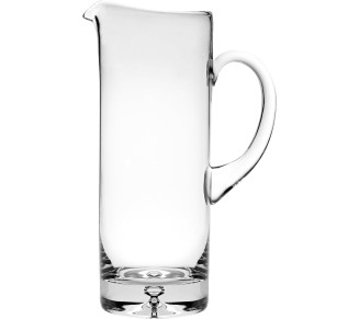 Glass - Pitcher with handle - Spout - Straight Sided - Ice Lip - Bubble design on base - with Set of 4 Drinking Hiball Glasses - and Glass Stirrer - 40 oz. - 10" H - by Made in Europe