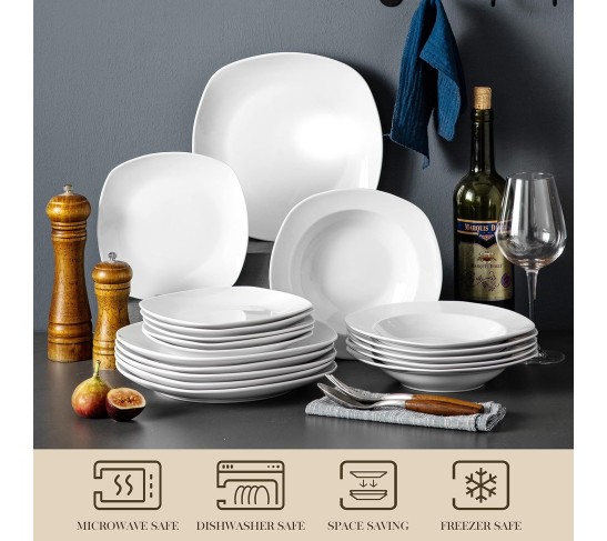 Dinnerware Sets, 18-Piece Porcelain Square Dishes, Gray White Modern Dish Set for 6 - Plates and Bowls Sets, Ideal for Dessert, Salad, and Pasta - Series ELISA