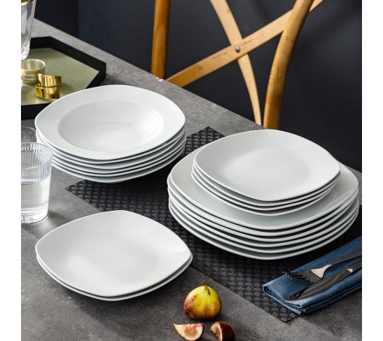 Dinnerware Sets, 18-Piece Porcelain Square Dishes, Gray White Modern Dish Set for 6 - Plates and Bowls Sets, Ideal for Dessert, Salad, and Pasta - Series ELISA