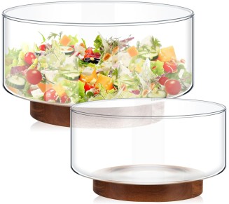 2 Pcs 125 oz and 57 oz Salad Bowl Set Glass Salad Bowl with Acacia Wood Base Fruit Bowls Popcorn Bowl Salad Serving Bowl Salad Container for Kitchen Chips Pasta Snack Dessert