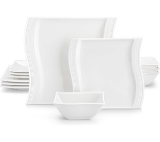 Plates and Bowls Sets, 12-Piece Ivory White Square Dinnerware Sets for 4, Porcelain Dish Set with Dinner Plates, Dessert Plates and Bowls, Kitchen Plate Bowl Set, Series Flora
