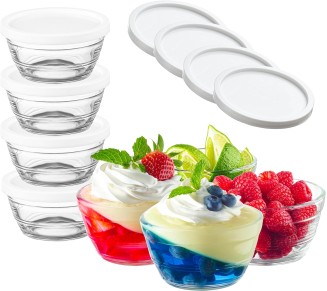 16pc Set of Small Glass Bowls with Airtight Lids - 8oz Stackable Custard Cups - 8 Clear Mise en Place Food Prep Bouillon Cups & Mixing Bowls + 8 Lids for Sauces Dips, Nuts Oats, Candy Dessert, Cereal.