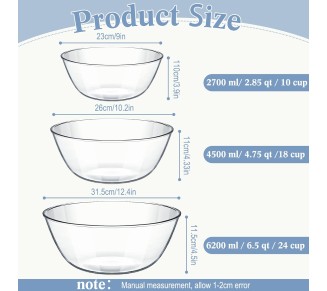 6.5 Qt, 4.8 Qt, 2.9 Qt Large Glass Mixing Bowls Clear Glass Salad Cooking Bowls for Kitchen Salad Bread Storage, Dishwasher, Freezer, Microwave(3 Pcs)