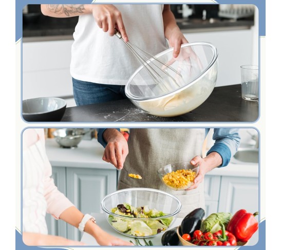 6.5 Qt, 4.8 Qt, 2.9 Qt Large Glass Mixing Bowls Clear Glass Salad Cooking Bowls for Kitchen Salad Bread Storage, Dishwasher, Freezer, Microwave(3 Pcs)